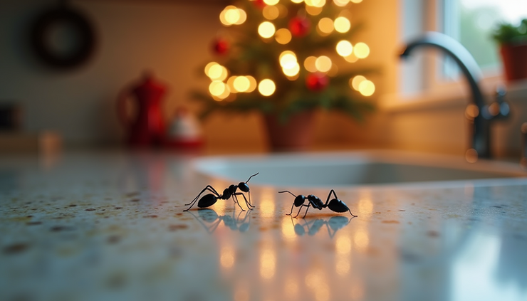 Close-up view of ants crawling on a kitchen countertop near holiday decorations