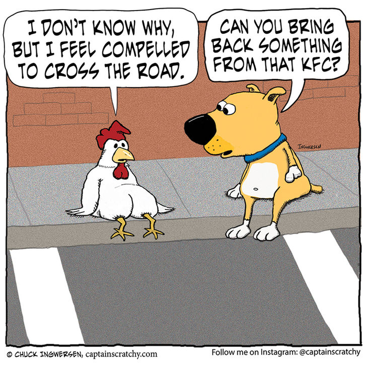 Why did the dog want the chicken to cross the road?