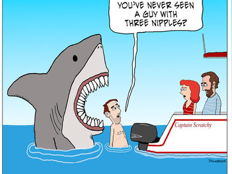 A guy with three nipples and a shark with many teeth