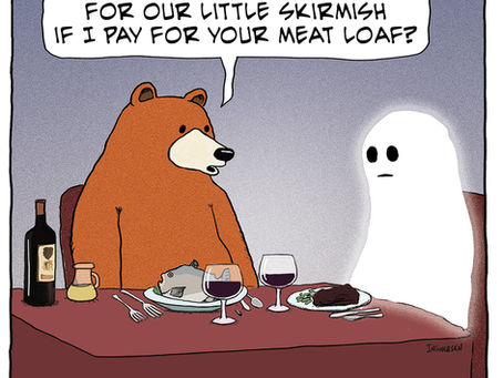 Bear and Ghost share a spooky dinner