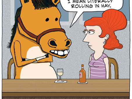 A horse looks for a roll in the hay