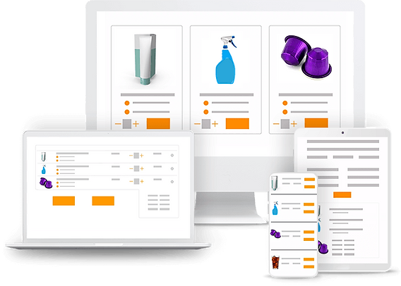 An illustration of auto-replenishment shopping screens on laptop, phone, PC