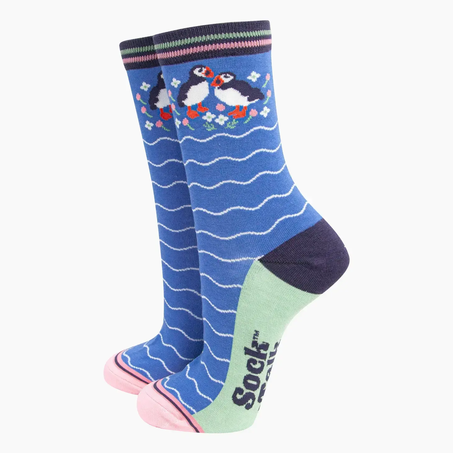 Women's Bamboo Socks - Blue, Puffins and Flowers