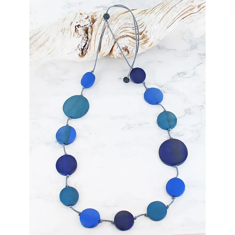 Long Wooden Disc Necklace in Navy Blue