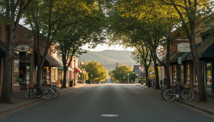 Wide-angle view of a small Sonoma County town street with trees, low storefronts, and distant hills.