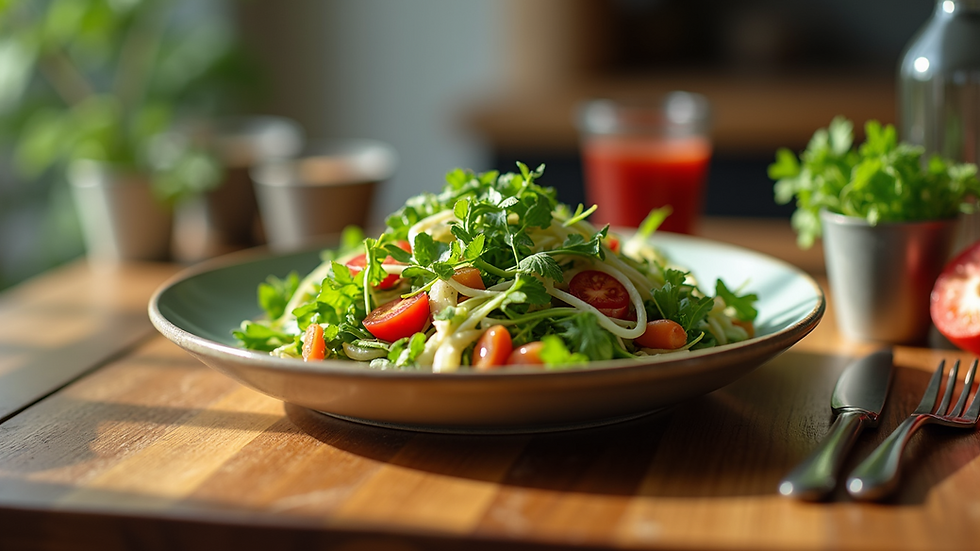 Close-up view of a fresh salad on a wooden table
