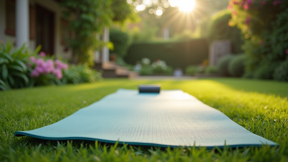 High angle view of a peaceful garden with a yoga mat