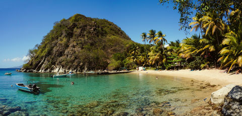 "Vue panoramique de la plage du Pain de Sucre en Guadeloupe, avec une eau cristalline aux nuances turquoise et bleu profond. Le sable est doré et fin, bordé par une végétation tropicale luxuriante qui apporte de l'ombre naturelle. À l'arrière-plan, le célèbre mont Pain de Sucre s'élève majestueusement, ajoutant une touche spectaculaire au paysage côtier. Quelques bateaux sont amarrés au large, créant une scène de sérénité et d’évasion dans ce coin de paradis caribéen.