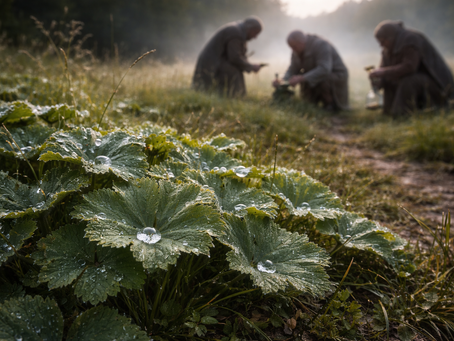 Lady’s mantle covered in dew in the foreground, while alchemists gather morning dew at dawn in a misty meadow.