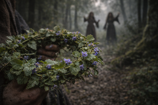 A wreath of blooming ground ivy is held in the foreground, while two witches in a misty forest keep their distance in the background, as if the herb prevents them from coming closer.