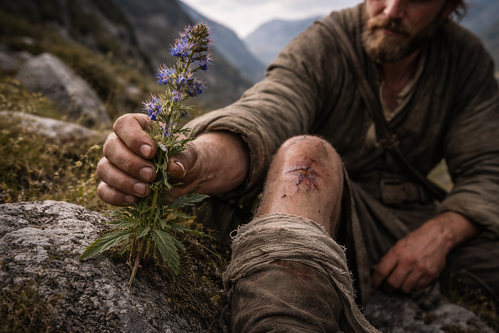A flowering viper’s bugloss appears in the foreground, while an injured traveler in the early Middle Ages is being tended on a forest path in the background, surrounded by rugged nature and subdued light.