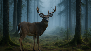 Ein Weißwedelhirsch steht aufmerksam in einem nebligen Nadelwald. Das sanfte Licht des Morgens fällt durch die hohen Bäume und betont sein kräftiges Geweih sowie den weißen Fleck am Schwanz. Eine ruhige, mystische Szene voller Wildnis und Anmut.