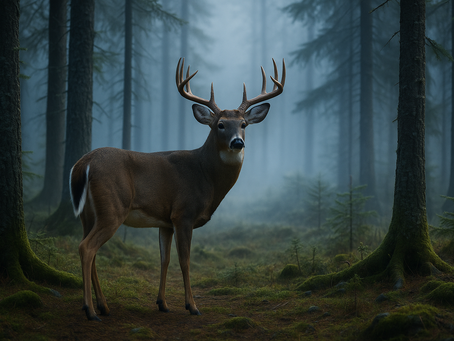 Ein Weißwedelhirsch steht aufmerksam in einem nebligen Nadelwald. Das sanfte Licht des Morgens fällt durch die hohen Bäume und betont sein kräftiges Geweih sowie den weißen Fleck am Schwanz. Eine ruhige, mystische Szene voller Wildnis und Anmut.