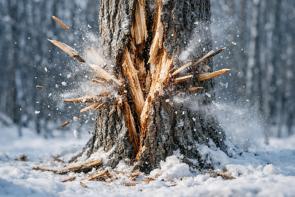 Ultra-realistic winter photograph of a large deciduous tree violently splitting open from internal frost pressure. Sharp wooden splinters, ice crystals, and snow particles are frozen mid-air as the trunk ruptures, exposing raw, frozen wood. The foreground is razor sharp, while the snowy forest background fades into a soft, blurred bokeh.