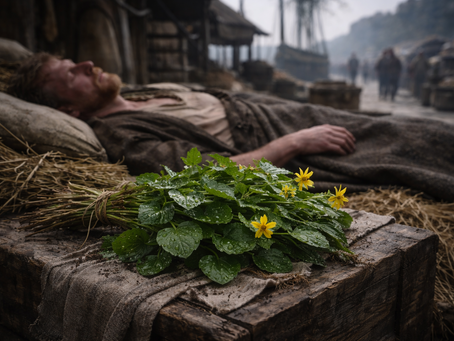 A bundle of freshly harvested lesser celandine rests on a rough wooden table in a 16th-century English infirmary. In the background, a man weakened by scurvy lies on a straw bed, highlighting the historical use of the plant as a remedy for vitamin deficiency.