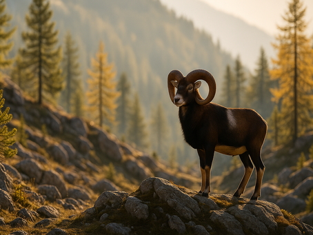 Ein Mufflon mit eindrucksvollen, gedrehten Hörnern steht auf einem Felsen inmitten einer herbstlichen Berglandschaft. Im warmen Abendlicht leuchten die Lärchen golden, während die Berge im Hintergrund sanft im Dunst verschwimmen – eine majestätische Szene voller Ruhe und Wildnis.