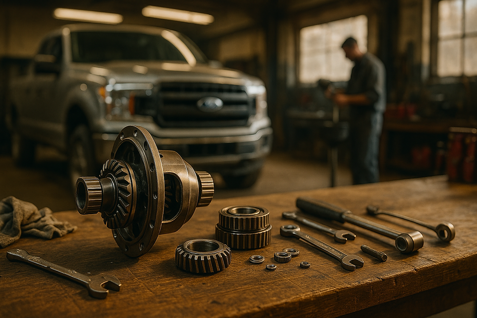 Eine Differentialsperre und mehrere Zahnräder liegen ordentlich auf einer Werkbank, umgeben von Schraubenschlüsseln und Werkzeug. Im Hintergrund steht ein silberner Ford F-150 in einer Werkstatt, während ein Mechaniker unscharf im Hintergrund arbeitet. Die Szene vermittelt handwerkliche Präzision und klassische Werkstattatmosphäre.