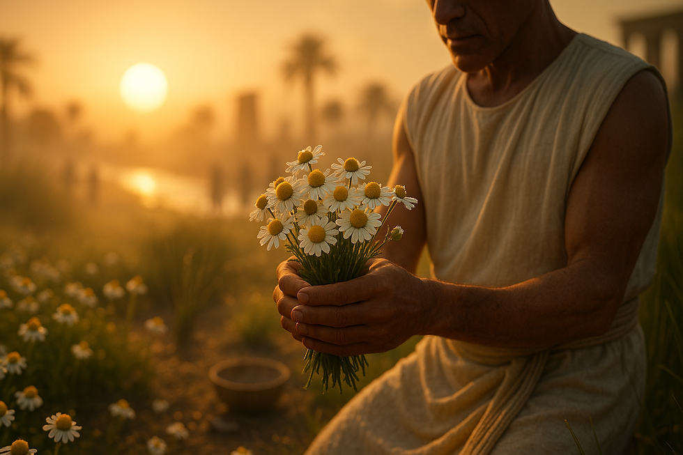 A man in ancient Egypt kneels in the warm glow of the setting sun, holding a freshly picked bundle of chamomile flowers. Palm trees, a riverbank, and blurred ancient structures appear in the background. The scene highlights the historical use of medicinal plants in ancient Egyptian culture.