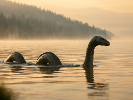 Das legendäre Seemonster Ogopogo gleitet durch die ruhige Wasseroberfläche eines nebligen Sees bei Sonnenaufgang. Sein langer, geschwungener Körper ragt aus dem Wasser, während im Hintergrund bewaldete Hügel und sanfter Morgennebel eine geheimnisvolle Atmosphäre schaffen.