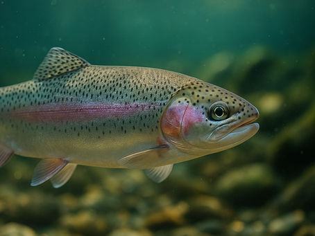 Eine Regenbogenforelle (Oncorhynchus mykiss) schwimmt in klarem Gebirgswasser über einem steinigen Grund. Ihr Körper glänzt silbern mit einem rosafarbenen Streifen entlang der Flanke und feinen schwarzen Punkten auf Rücken und Flossen. Sonnenlicht dringt durch das Wasser und lässt ihre Schuppen schimmern.