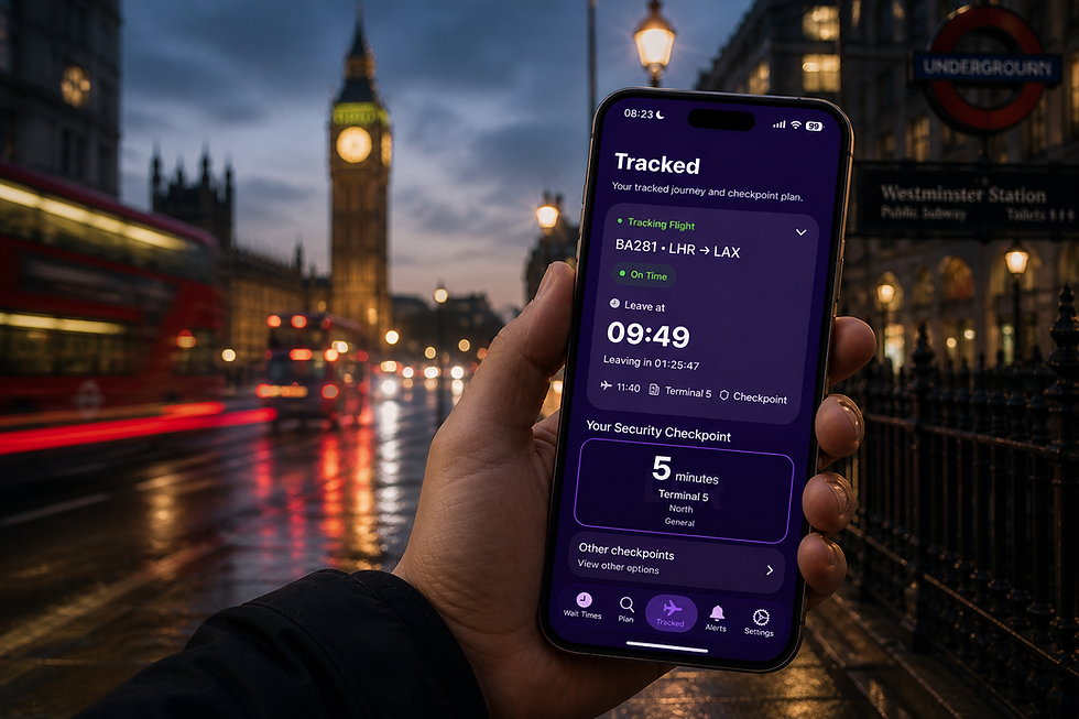 Flow app showing Heathrow flight tracking and airport departure timing