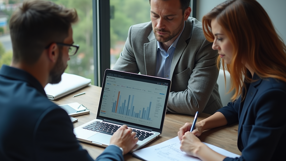 High angle view of a business team reviewing performance metrics on a laptop