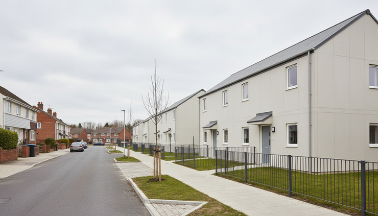 Wide-angle view of temporary housing buildings on a quiet residential street.