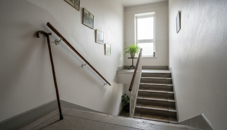 Eye-level view of a stairwell in a residential block with a walking stick beside the handrail.