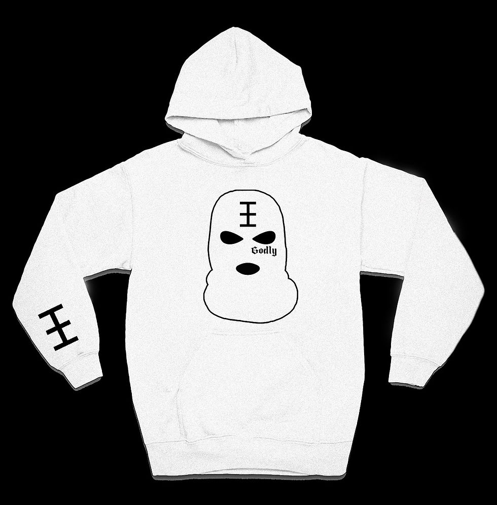 White Hoodie with the Iconic Godly Ski Mask God Division