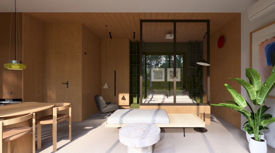 Welcome to one of our signature interior design projects, where modern minimalism meets the warmth of natural materials. This thoughtfully designed space features a glass-enclosed bedroom that seamlessly blends with the open-plan living area, allowing natural light to flow freely throughout.

Every element in this interior has been selected with precision — from the custom oak wood paneling to the subtle color palette of greens, beiges, and blacks that create a calm, harmonious atmosphere. Carefully curated lighting, tactile textures, and minimalist furnishings reflect a refined design language centered around simplicity, function, and comfort.

Whether you're looking to design a peaceful urban apartment or a weekend retreat surrounded by nature, this space is a timeless example of how architecture and interiors can enhance everyday living.

