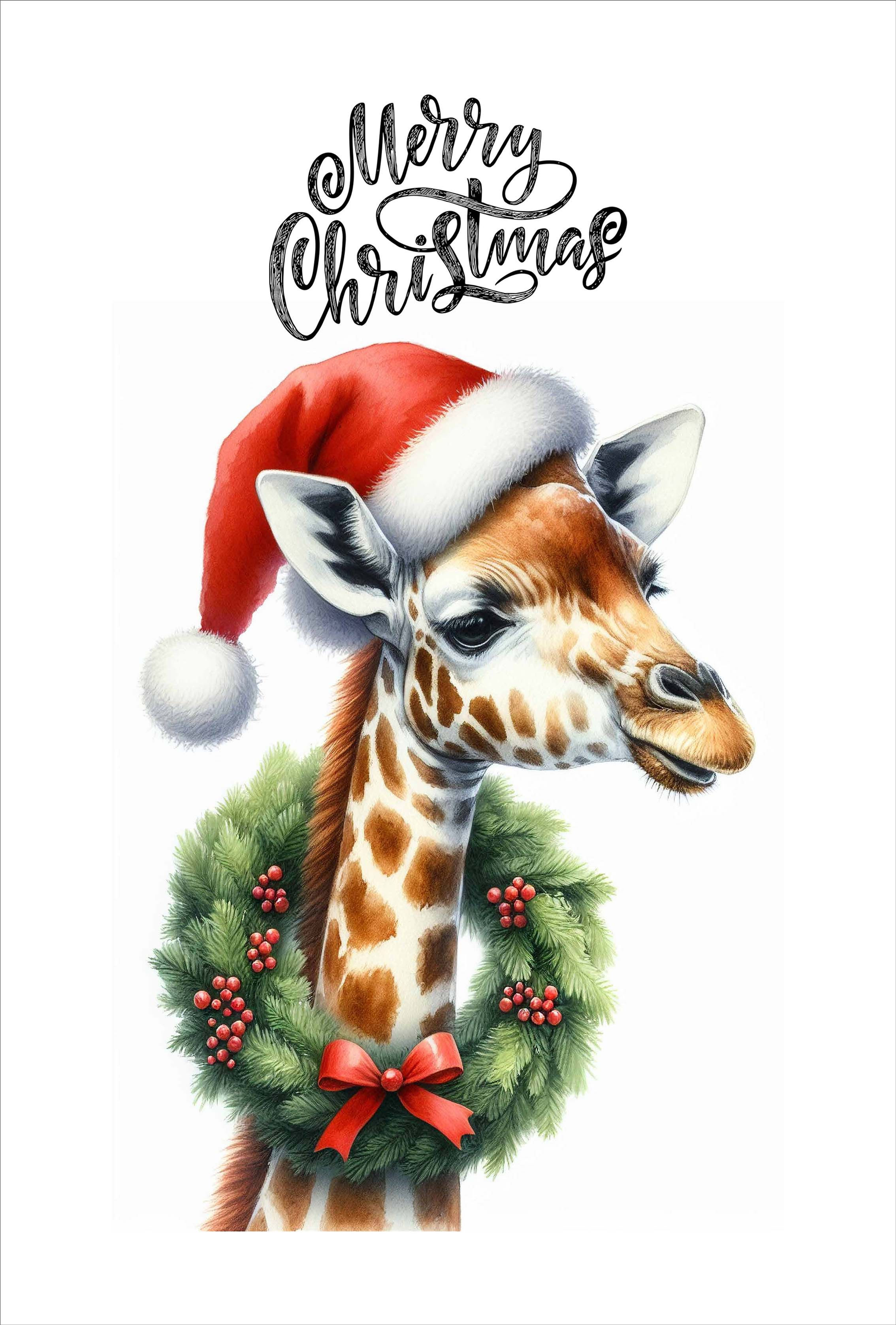 Tea Towel - Giraffe with Christmas Wreath