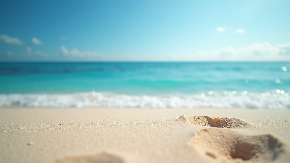 Eye-level view of a serene beach with clear blue waters