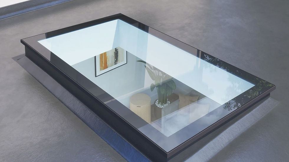 Flat glass rooflight installed on a flat roof, shown from above with a slim frame and flush finish.