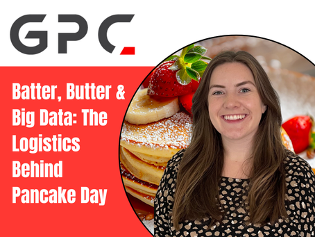 Blog cover image for GPC featuring a smiling woman with long brown hair in a patterned blouse, standing in front of a stack of pancakes topped with strawberries and powdered sugar. The title reads: ‘Batter, Butter & Big Data: The Logistics Behind Pancake Day.