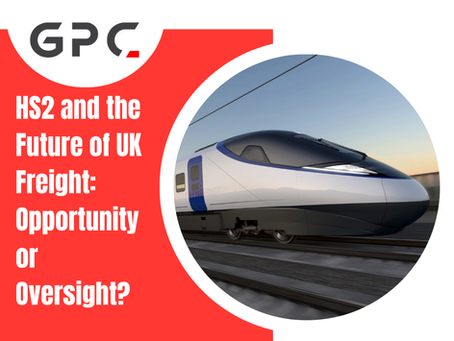 Blog cover with the GPC logo and the title: “HS2 and the Future of UK Freight: Opportunity or Oversight?” The image shows a sleek high-speed train (HS2) travelling on modern railway tracks at sunset.