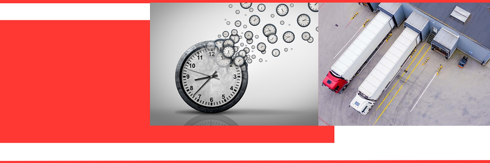 A large clock with smaller clocks drifting upward to represent passing time is shown beside an aerial view of two freight trucks parked at a loading dock.