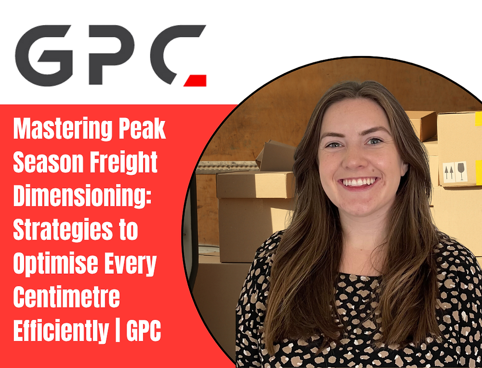 GPC blog cover with smiling woman before stacked cardboard boxes; text reads Mastering Peak Season Freight Dimensioning.
