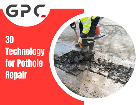 Blog cover displaying the GPC logo at the top left. On the right, a circular image shows a roadworker in a high-visibility jacket using a shovel to repair a pothole. The blog title on the left reads: “3D Technology for Pothole Repair” in bold white text on a red background.