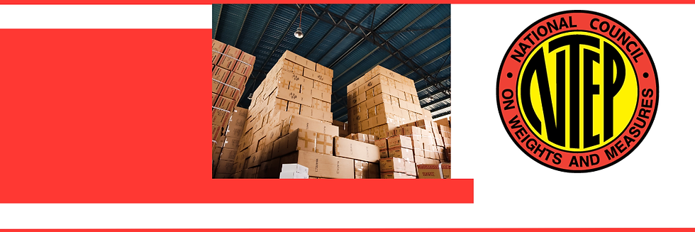Tall stacks of cardboard shipping boxes fill a warehouse interior, shown alongside the circular NTEP logo for the National Council on Weights and Measures.