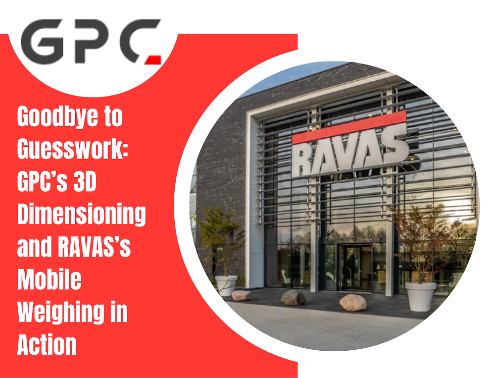 Blog cover with the GPC logo and the title: “Goodbye to Guesswork: GPC’s 3D Dimensioning and RAVAS’s Mobile Weighing in Action.” The image shows the exterior of the RAVAS headquarters, featuring a modern glass-fronted building with the RAVAS logo prominently displayed.
