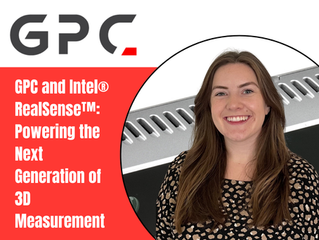 Blog cover image for GPC featuring a smiling woman with long brown hair in a patterned blouse, standing in front of a close-up of a silver 3D measurement device. The title reads: ‘GPC and Intel® RealSense™: Powering the Next Generation of 3D Measurement.’