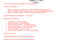 Board of Health Meeting Updated Agenda: 08/17/26