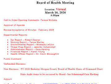Board of Health Meeting Agenda: March 16, 2026