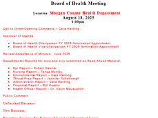 Board of Health Meeting: Agenda August 18, 2025