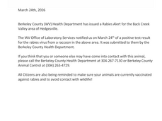Rabies Alert Issued by Berkeley County Health Department 3.24.26