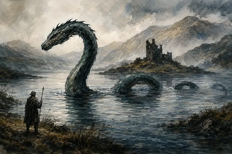 Artwork of scotish dragon in loch with castle ruins