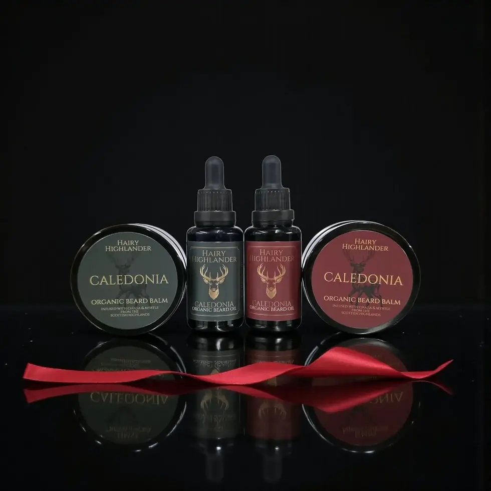 Manuka Spice and Forest Fir beard oil and balm gift set, infused with Chaga and Bog Myrtle, in biophotonic glass jars.