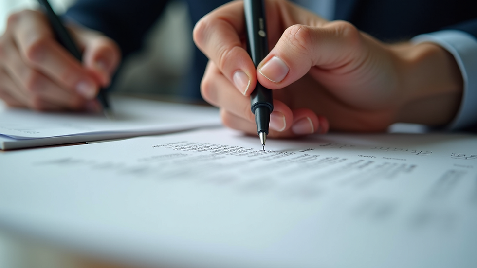 Close-up view of a hand holding a pen over legal documents