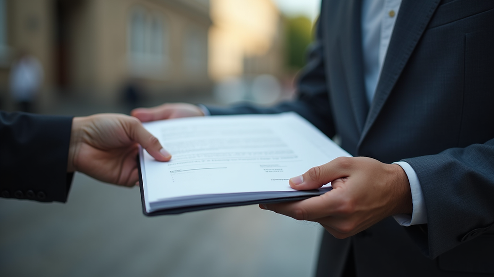 Close-up of legal documents being handed over to a courier