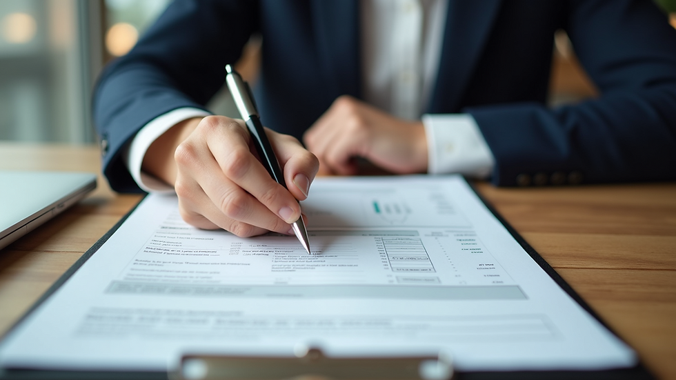 High angle view of a person filling out a property form on a desk
